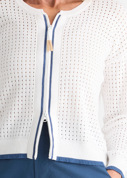 Zaket and Plover Pointelle Zip Cardi - White