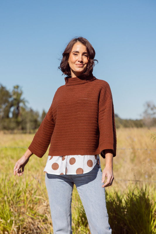 See Saw Australian Wool Blend 7/8 Sl Pointelle Knit Top Copper