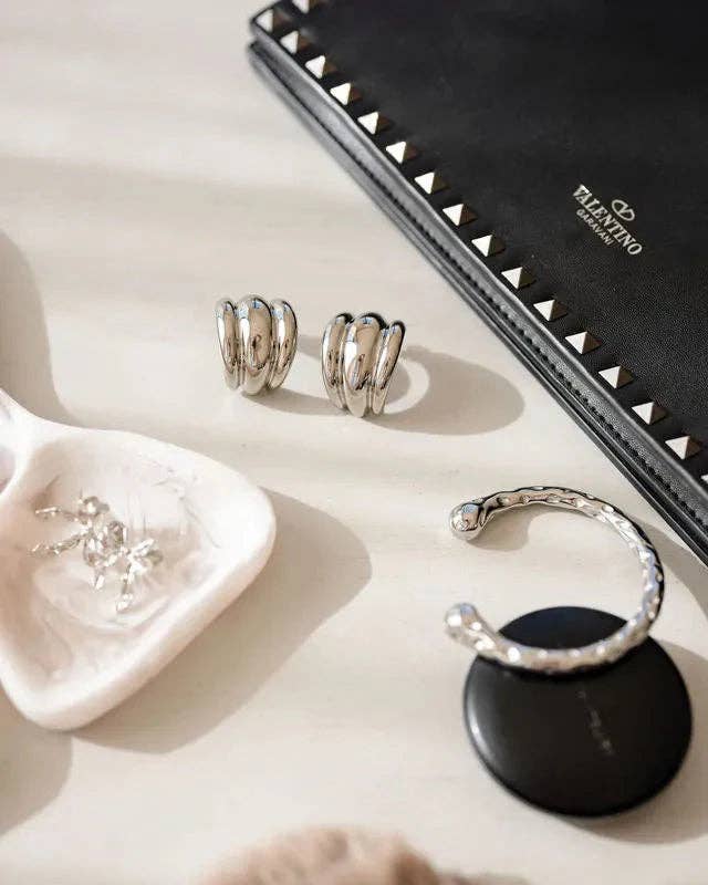 Thea Silver Ribbed Hoop Earrings