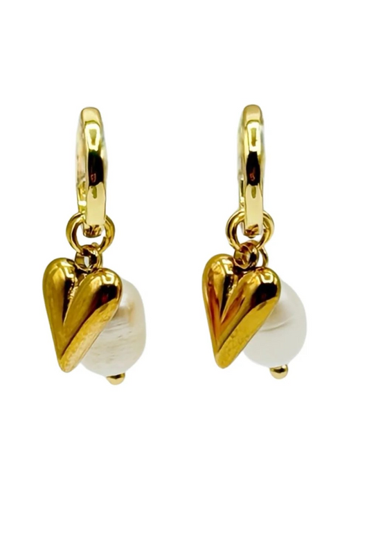 Mosk Melbourne gold heart charm pearl hoop earrings