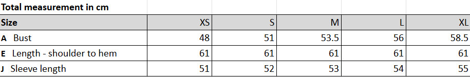 Measurement chart for clothing sizes