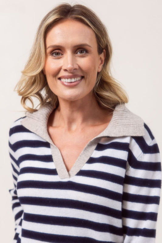 See Saw 100% Merino Wool Rib Collared Stripe Sweater Natural Navy White