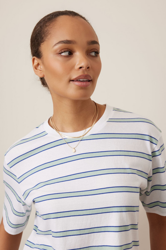 Women’s oversized striped T-shirt in white and seafoam | crew neck cotton T-shirt
