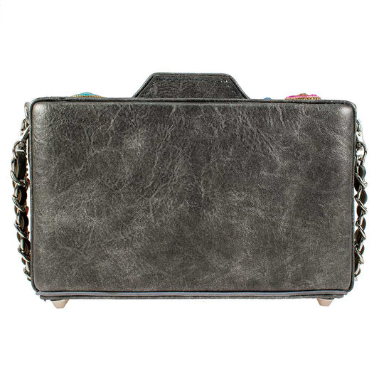 multicoloured beaded crossbody camera shaped handbag