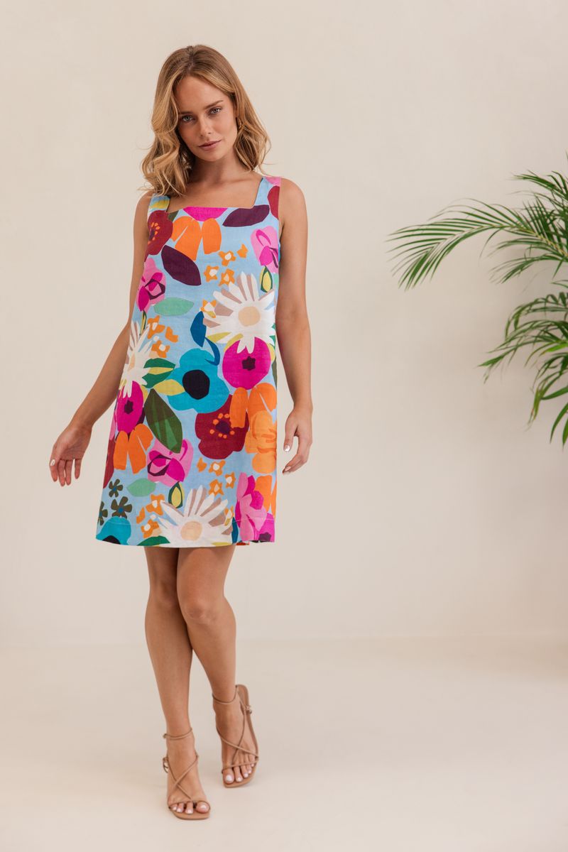 Kaleido 100% Linen Square Neck Shift Dress - Bloom Burst
