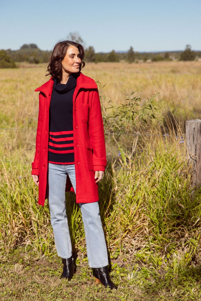 See Saw 100% Wool Rib Collar Pocket Detail Coat - Red
