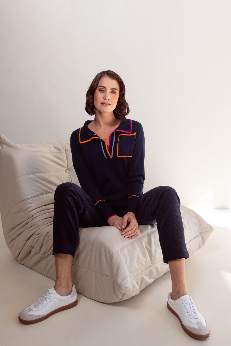 See Saw Wool Blend Collared Trim Sweater Night Sky/ Magenta / Tango