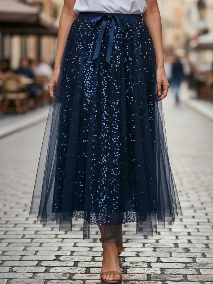 Trinny Navy Sequin skirt with Tulle Overlay