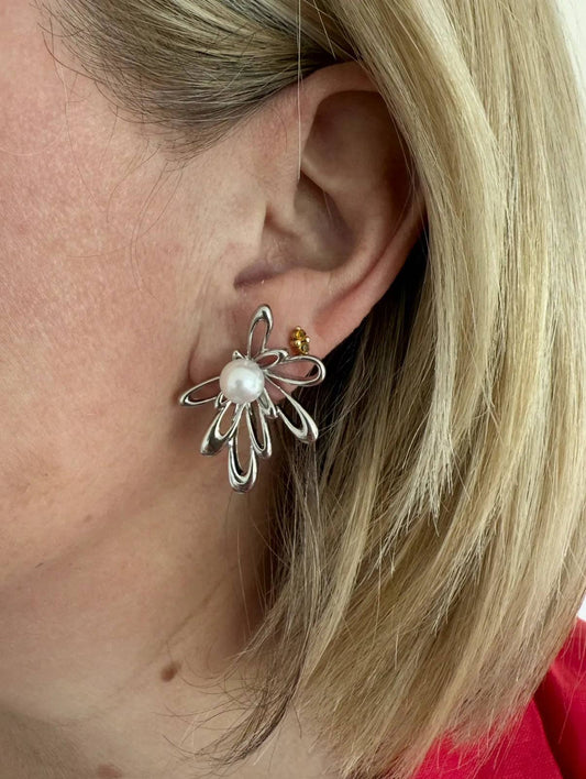Greenwood Designs Jenny Silver Flower Stud Earring with Pearl Centre