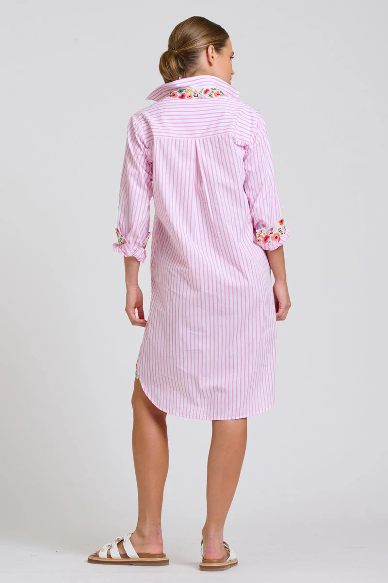 Shirty Popover Shirtdress - White with Pink Stripe Floral Trim