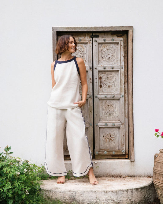 See Saw 100% Linen Boatneck Tank - Natural/Navy