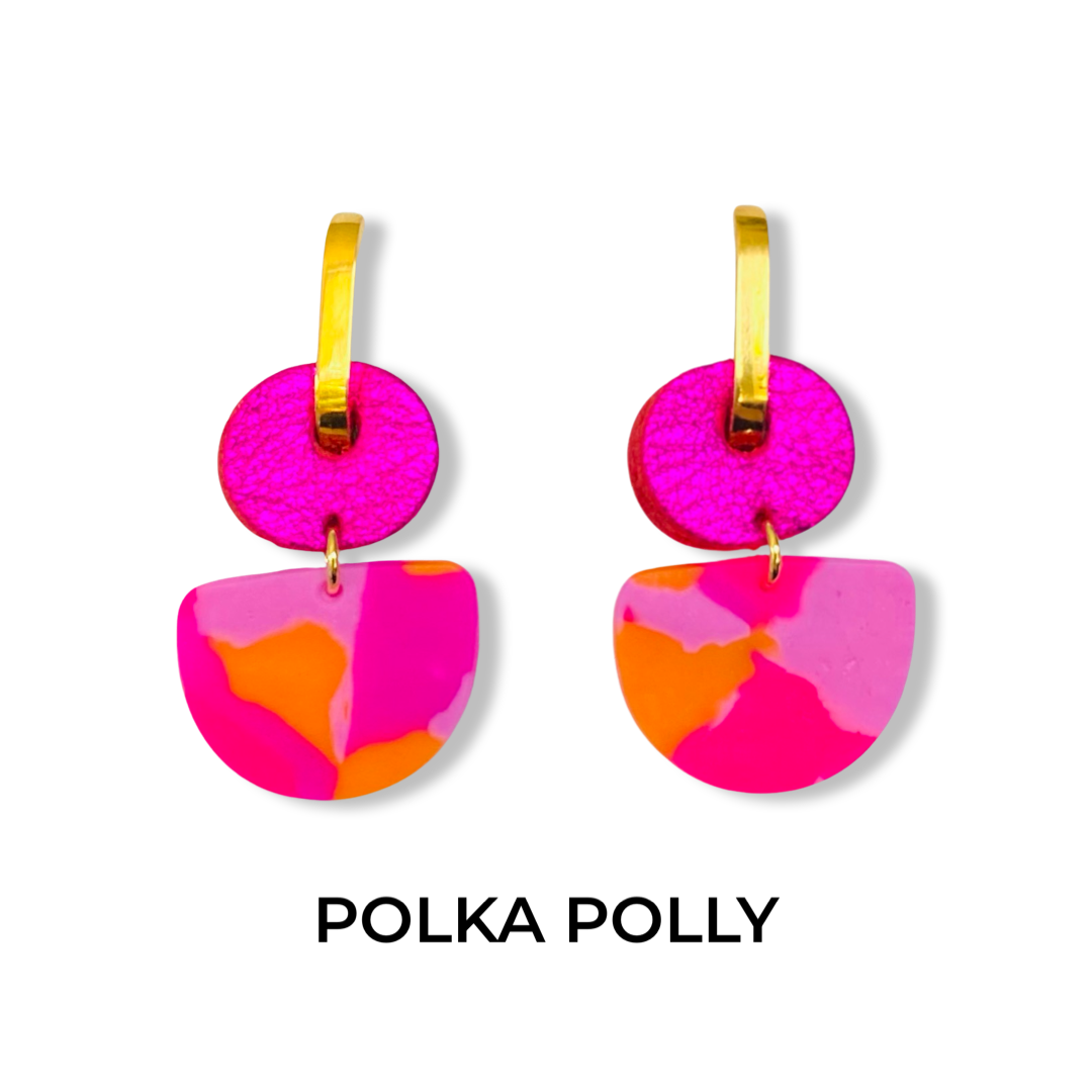 Polka Polly Chunky gold hoops earrings Pink Orange Patch