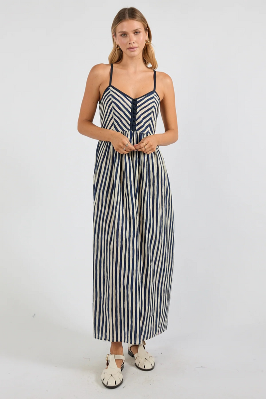 Ibisa Women's Navy and White Striped Cotton Summer Maxi Dress