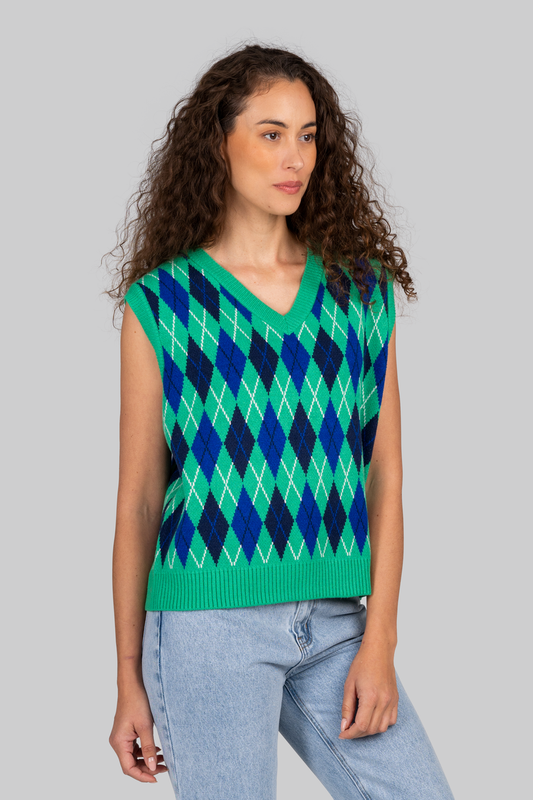 Kaleido Viscose Blend Argyle Vest Palm Green Combo