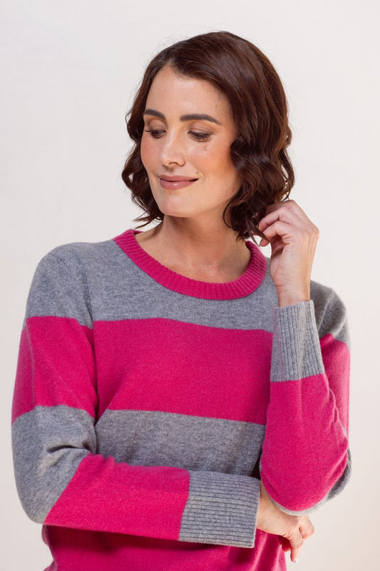 See Saw 100% Merino Wool (Cashfeek_) Wide Stripe Sweater Pink/ Grey