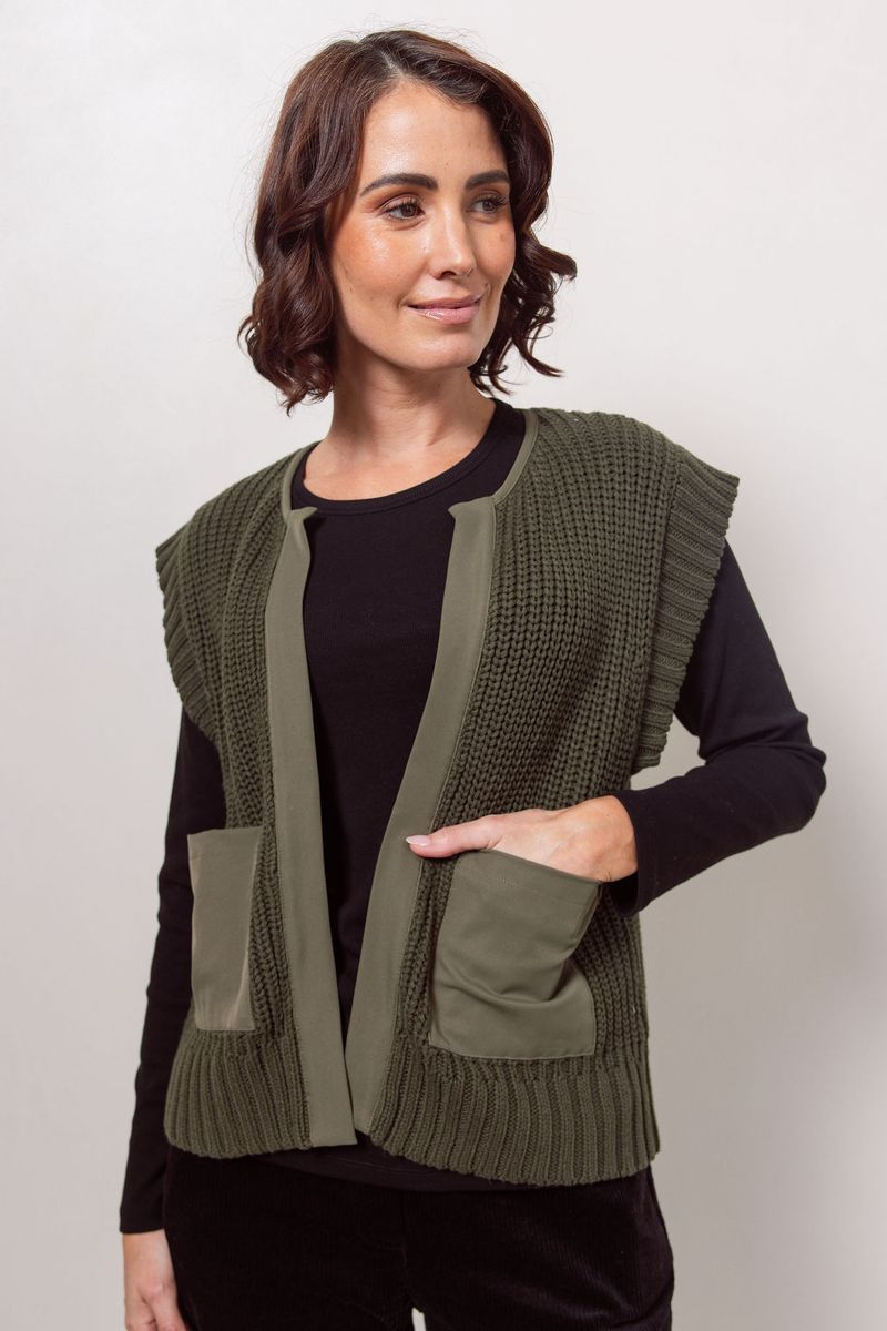 See Saw Cotton Blend Woven Trim Knit Vest Khaki