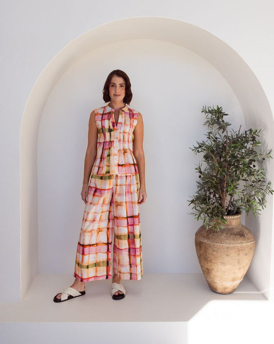 See Saw 100% Cotton Shirring Wide Leg Pant Sunset Check