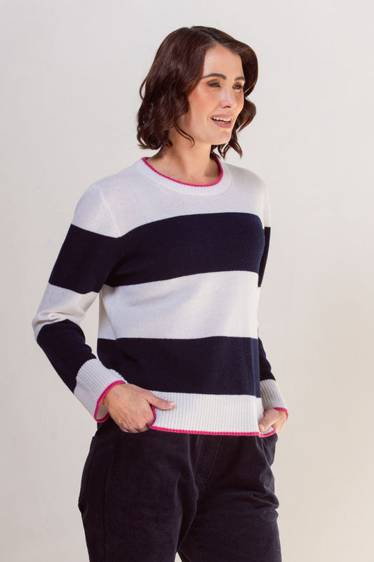 See Saw 100% Merino Wool (Cashfeel) Wide Stripe Sweater Navy/White