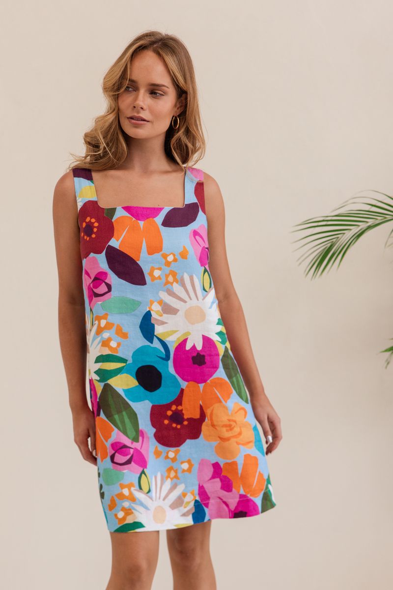 Kaleido 100% Linen Square Neck Shift Dress - Bloom Burst