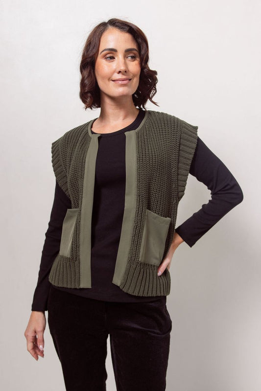 See Saw Cotton Blend Woven Trim Knit Vest Khaki