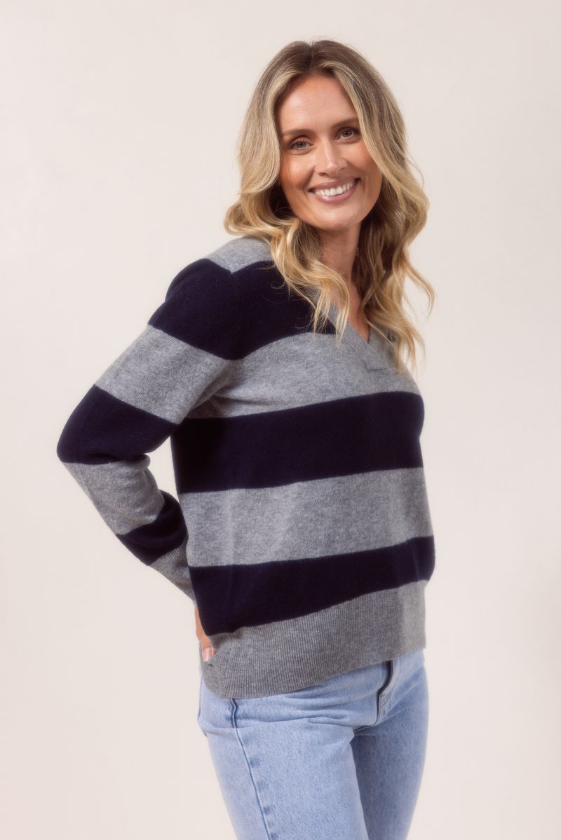 See Saw 100% Merino Wool V Neck Block Stripe Silver Navy