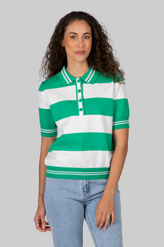 Kaleido Viscose Blend Collared Wide Stripe Polo Shirt White / Palm Green