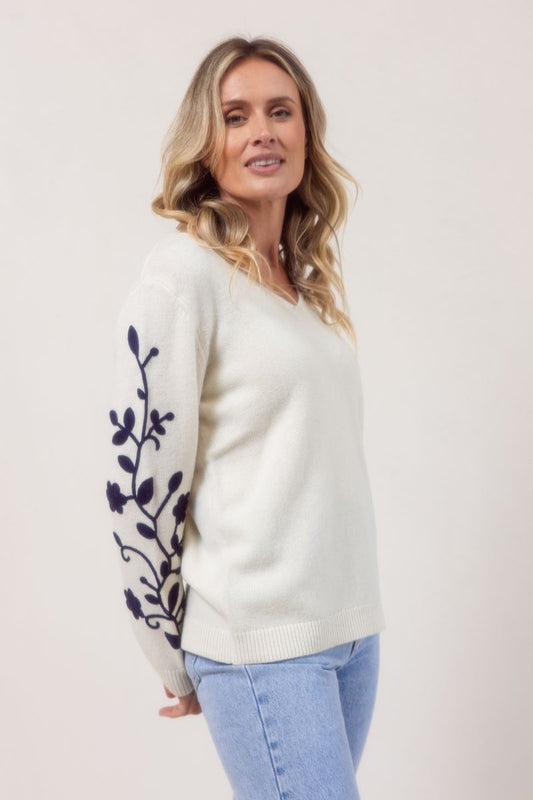 See Saw Australian Wool Blend Embroided Sleeve Sweater Cream Navy