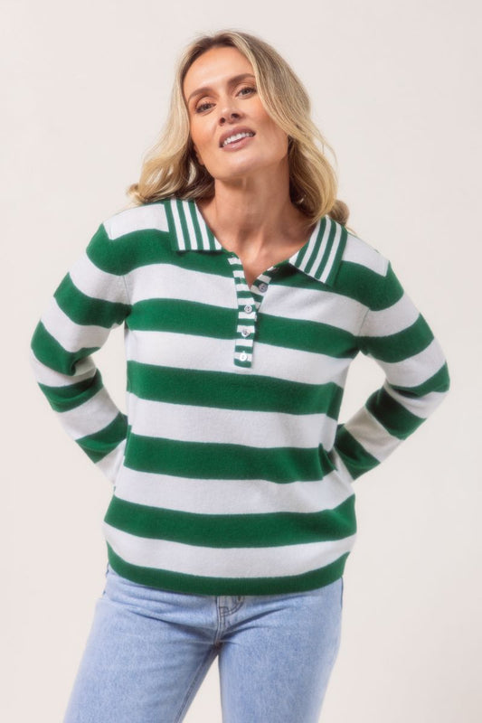 See Saw 100% Merino Wool Polo Striped Sweater Green White