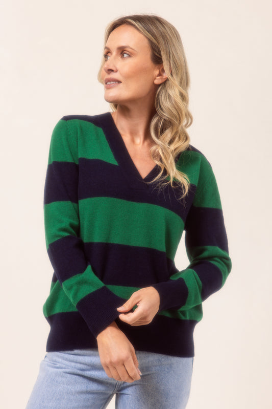 See Saw Merino wool V Neck Block Stripe Navy Green