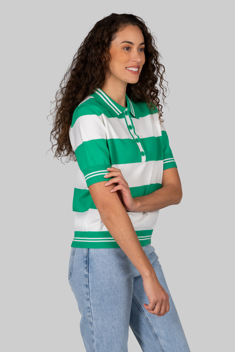Kaleido Viscose Blend Collared Wide Stripe Polo Shirt White / Palm Green