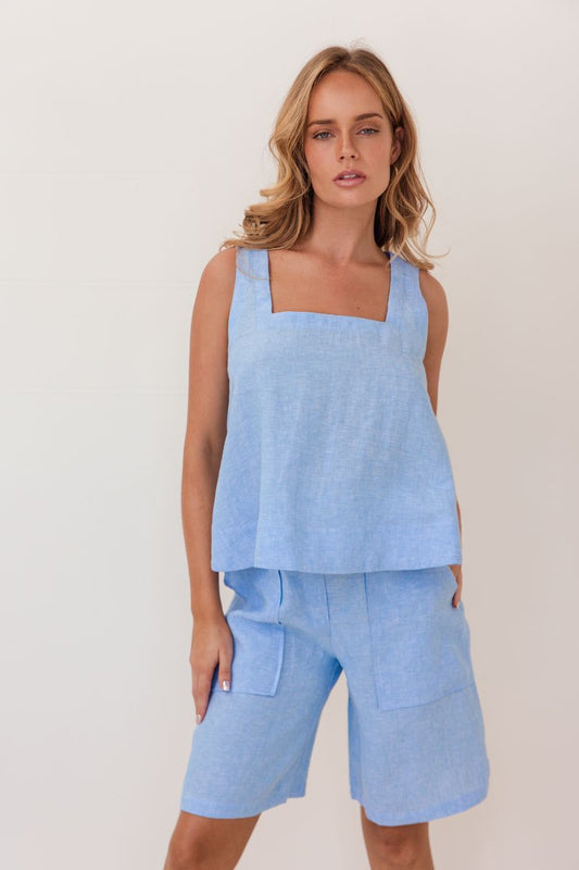 Kaleido 100% Linen Square Neck Tank - Chambray
