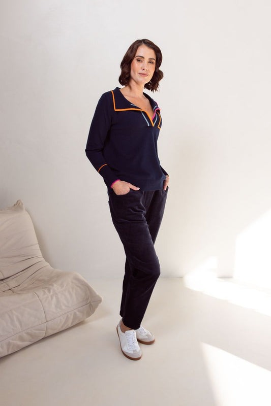 See Saw Wool Blend Collared Trim Sweater Night Sky/ Magenta / Tango