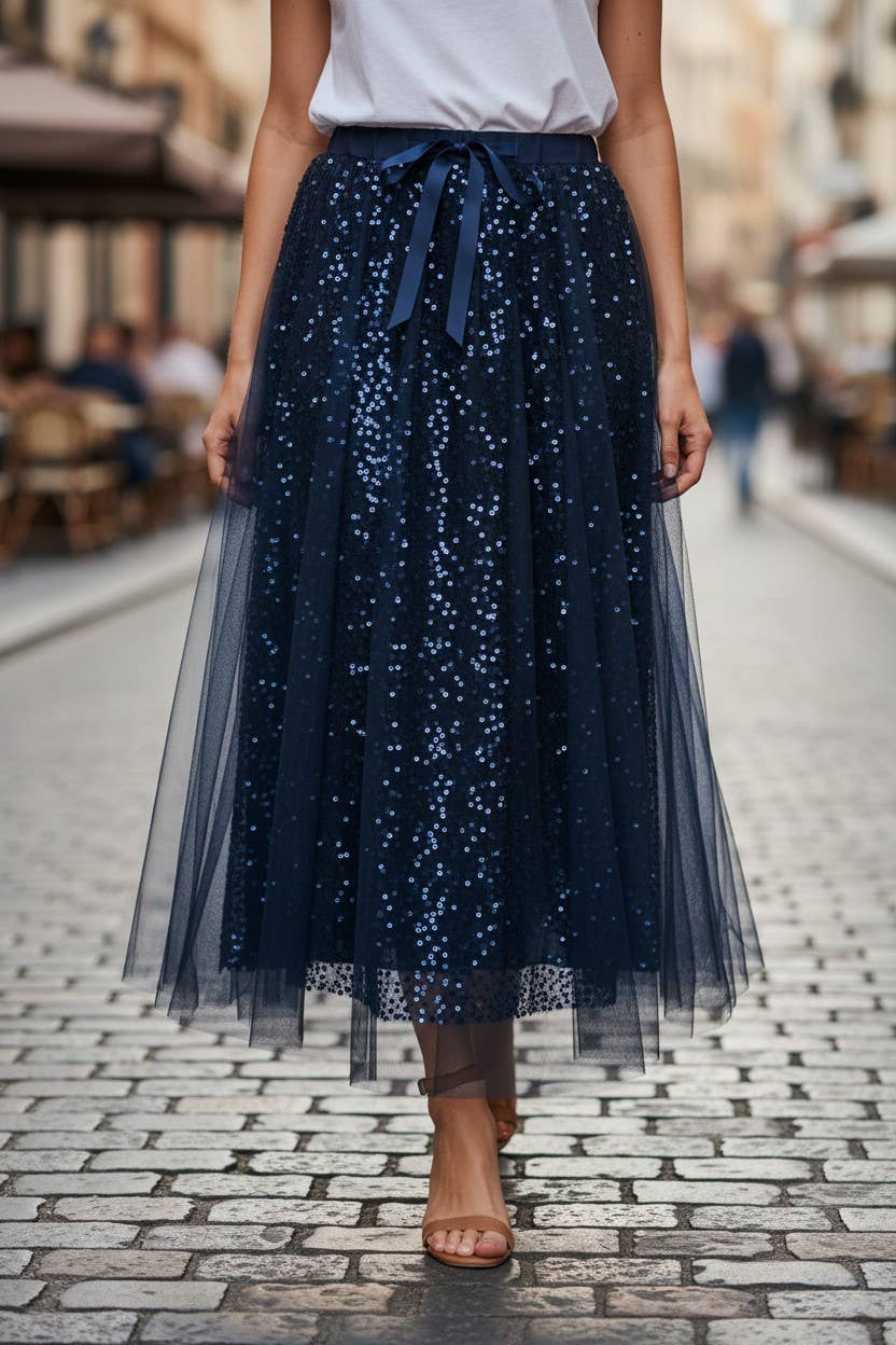 Trinny Skirt- Navy- Sequin skirt with tulle overlay