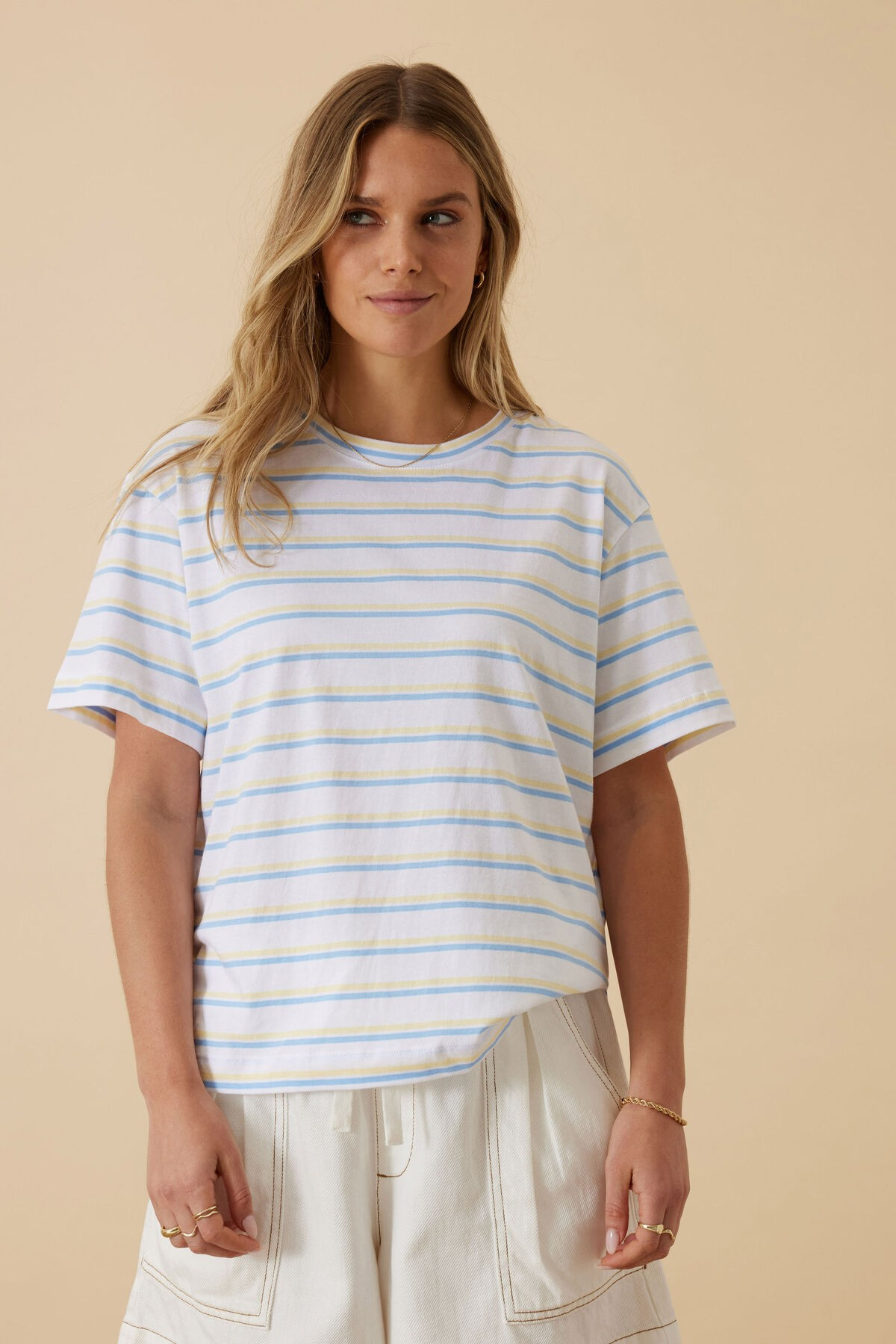 Ceres Life Stevie Slouchy Tee - Powder blue/sunny yellow stripe