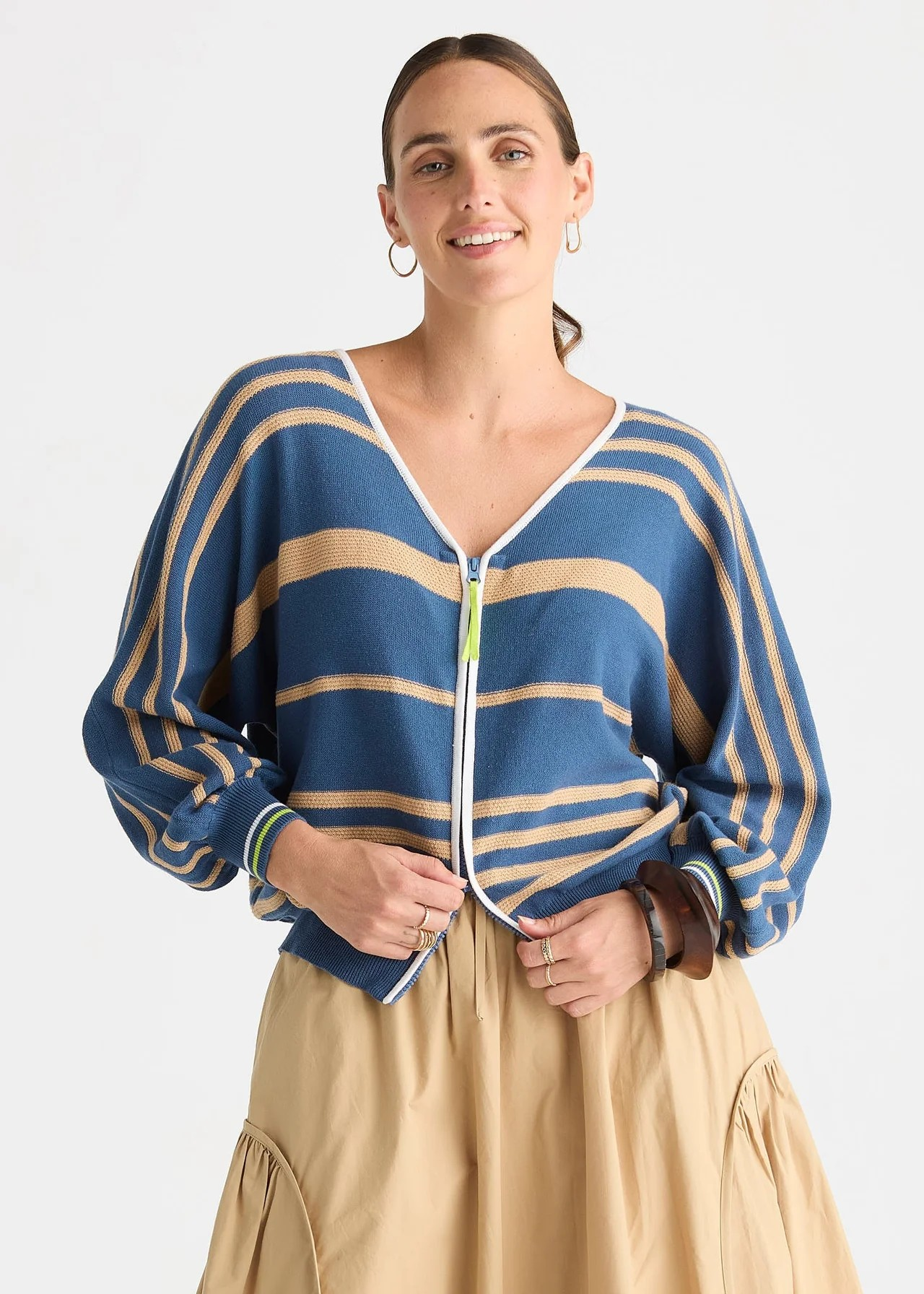 Zaket & Plover Statement Zip Cotton Stripe Cardi - Sea Blue/Camel Stripe