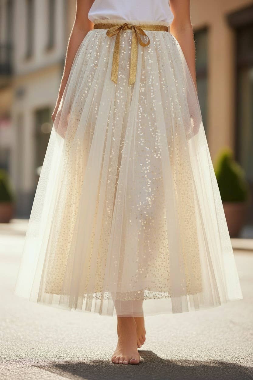 Trinny Skirt- Gold- Sequin skirt with tulle overlay
