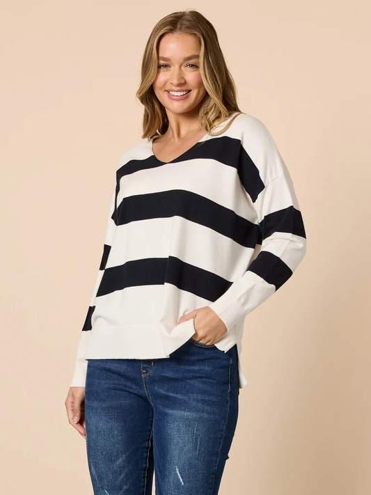 Threadz Crew V Neck Stripe Print Knit Top - Navy/Ivory