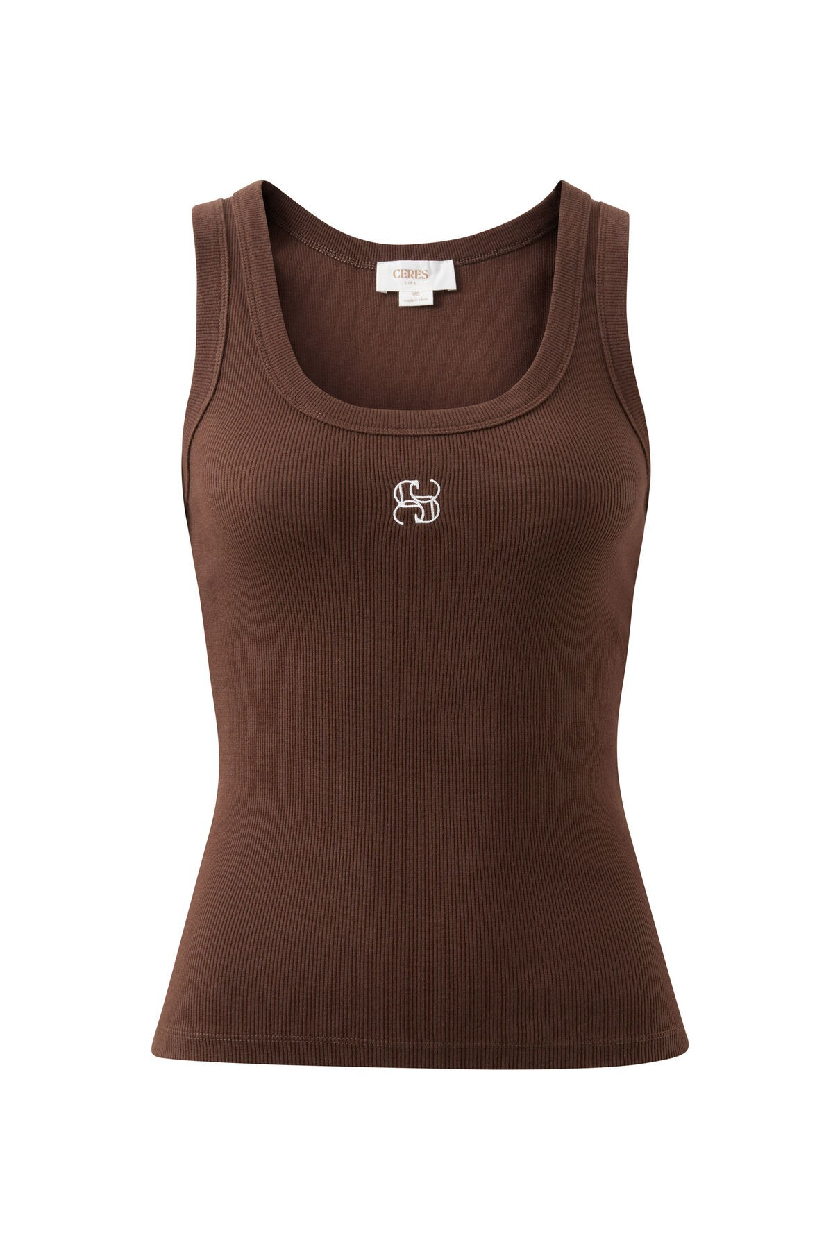 Ceres Life Zoe Contour Rib Scoop Tank - Chocolate/Monogram Embroidery