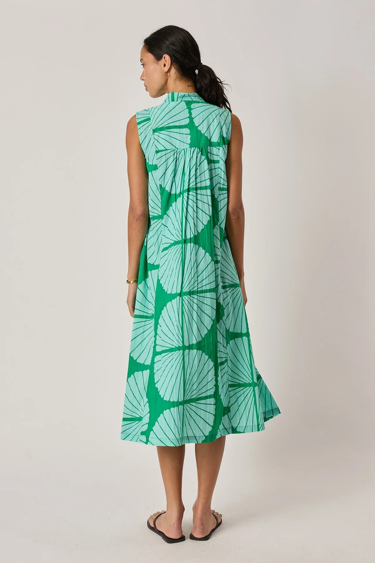 Ibisa Flowy Sleeveless V-Neck Green Dress with Abstract Floral Print