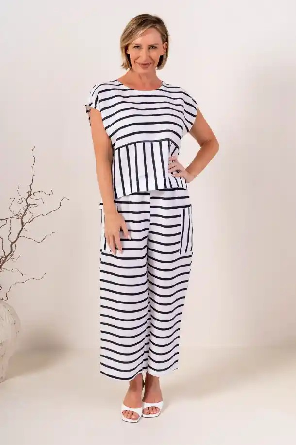 See Saw 100% Linen Cap Sleeve Top - Navy/White Stripe