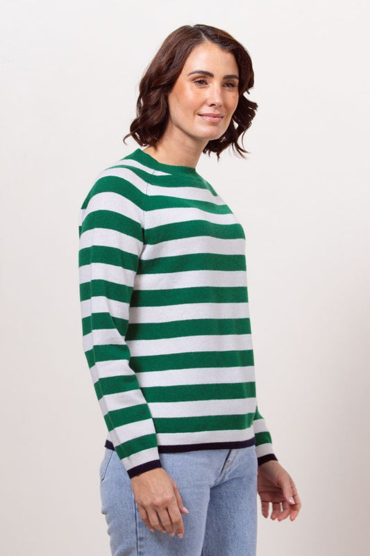 See Saw 100% Merino Wool (Cashfeel) Crew Neck Stripe Sweater Green/White Navy tips