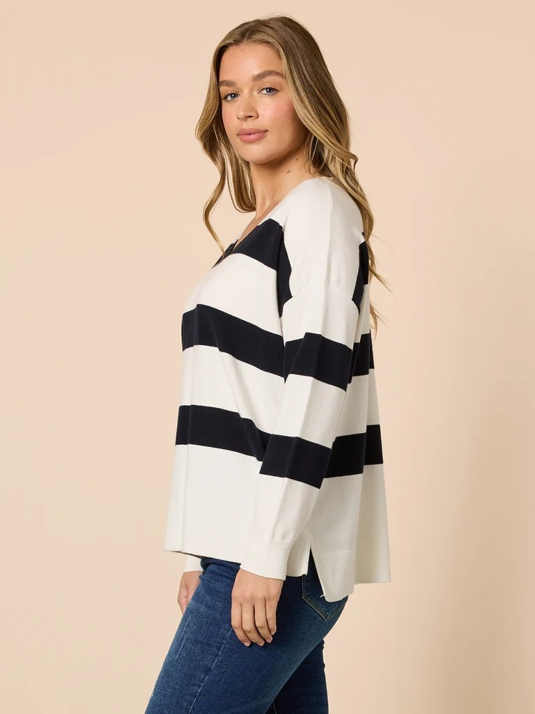 Threadz Crew V Neck Stripe Print Knit Top - Navy/Ivory