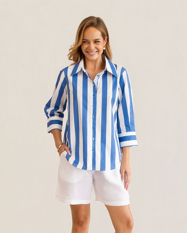 Kaleido 100% Cotton 3/4 Sleeve Classic Shirt - Blue Block Stripe