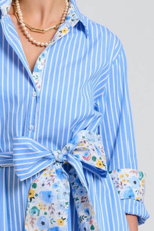 Shirty Luna Oversized Long Line Shirt Dress - Blue Stripe Floral Trim