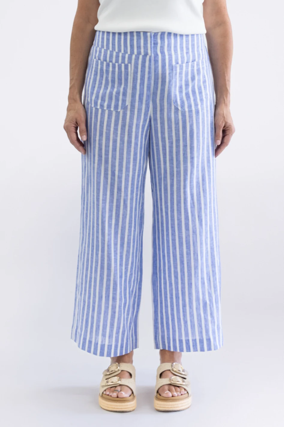 Two T's Amelia Stripe 7/8 Wide Leg Pant - Cornflower Blue/ White