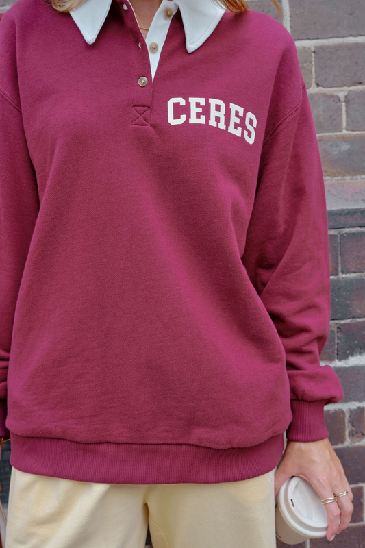 Ceres Life Wren Rugby Sweat - Washed Burgundy/White Heritage Logo