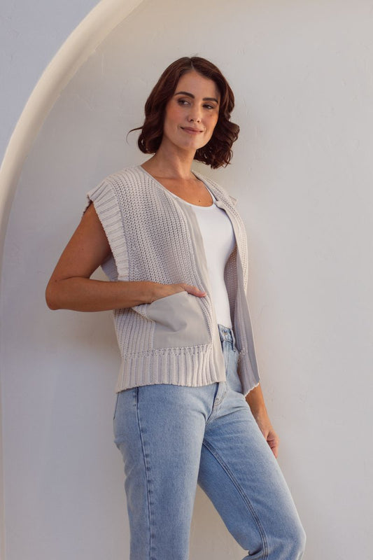 See Saw Woven Trim Knit Vest Stone