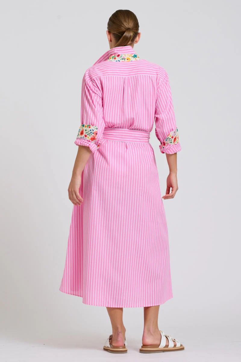Shirty Luna Oversized Long Line Shirt Dress - Pink Stripe Floral Trim