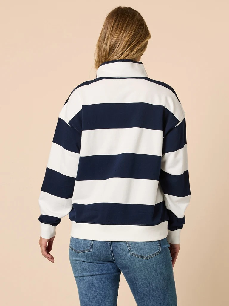 Threadz Varsity Stripe Quarter Zip Sweatshirt - Navy/ Ivory