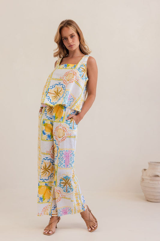 Kaleido 100% Linen High Wasted Wide Leg Pant - Amalfi Dreams